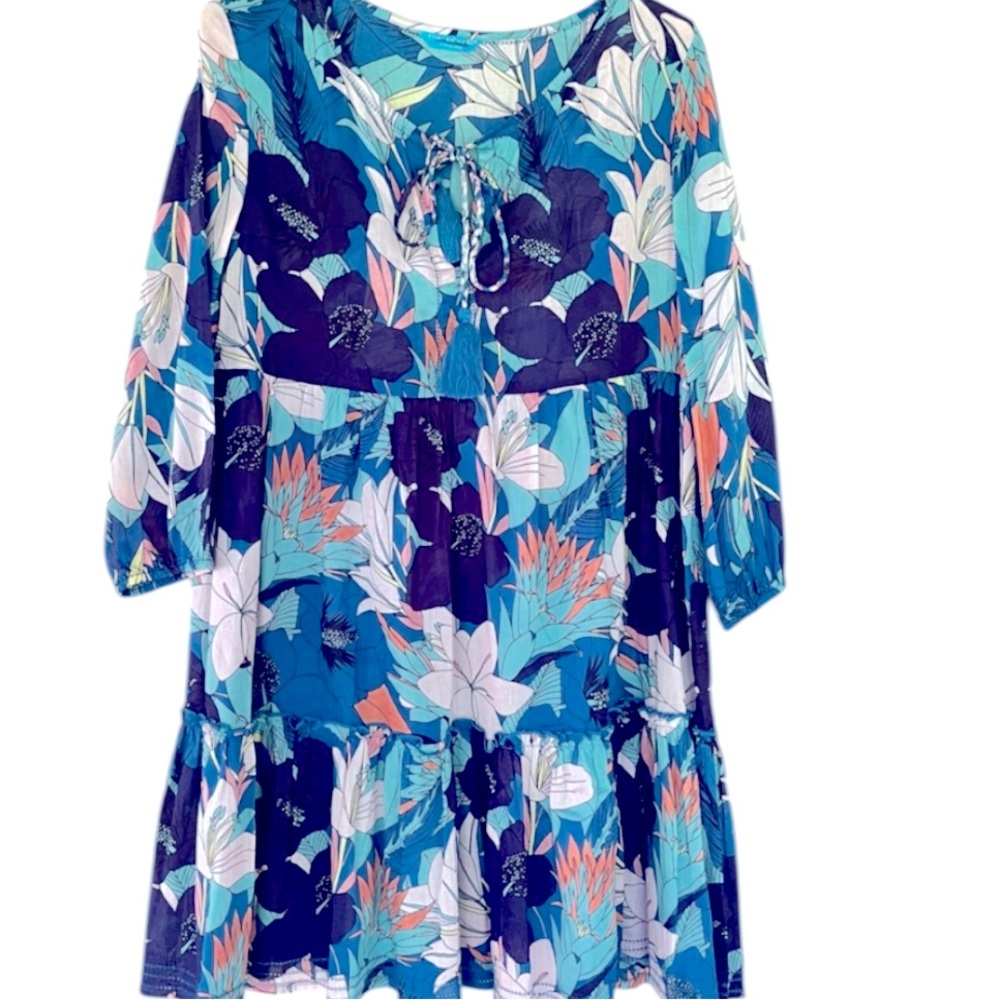 Tori Richard Blue and White Casual Tiered Sundress with Flutter Sleeves size S